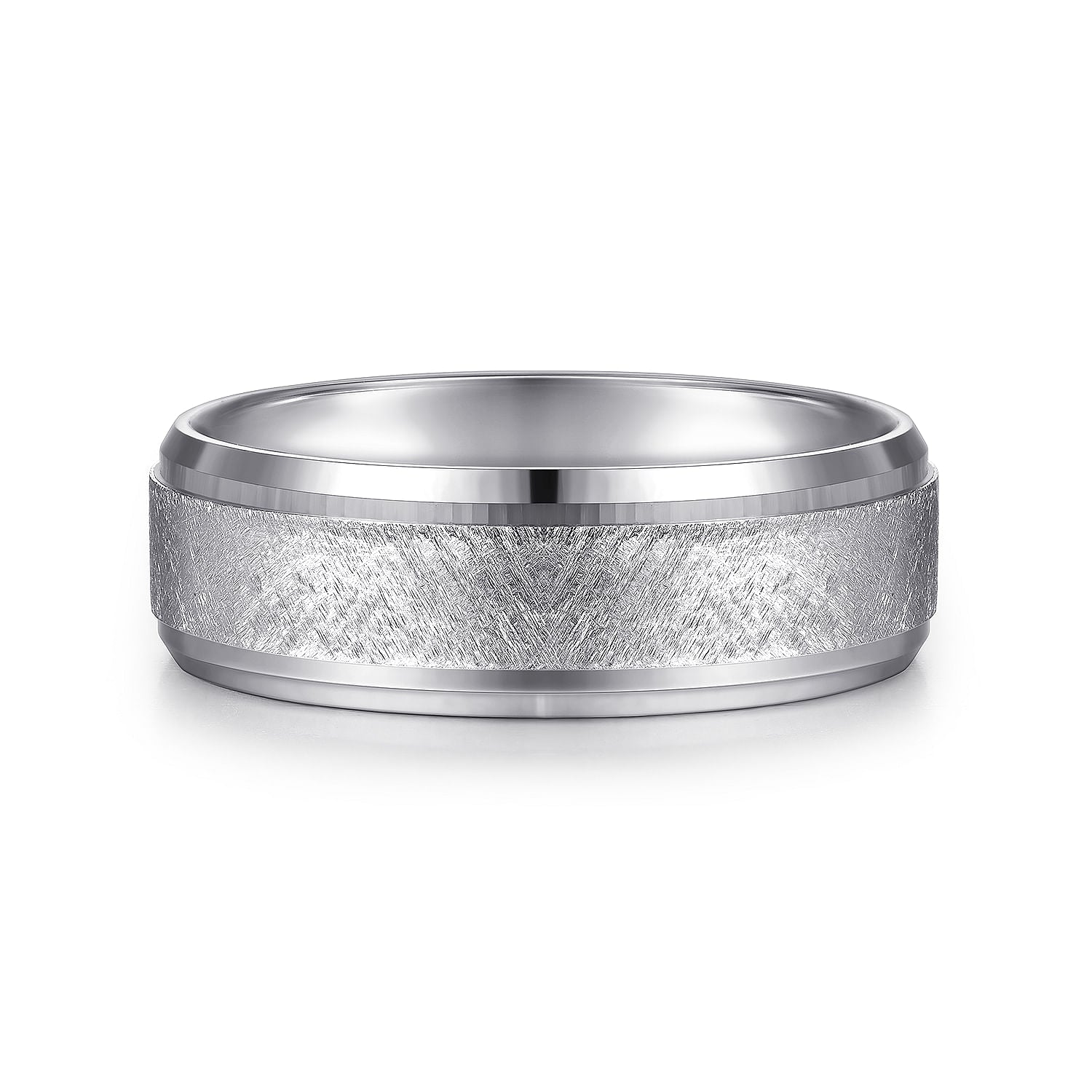 14K White Gold 7mm - Beveled Edge Men's Wedding Band in Horizontal Brush Finish