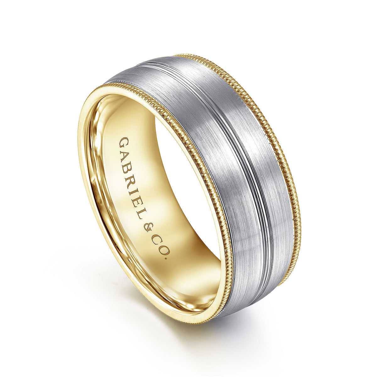 14K White-Yellow Gold 8mm - Men&#39;s Wedding Band in Satin Finish