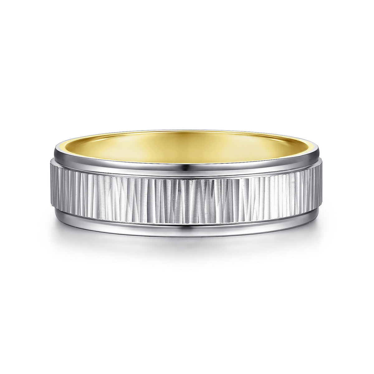14K White-Yellow Gold 6mm - Men&#39;s Wedding Band with Vertical Etching