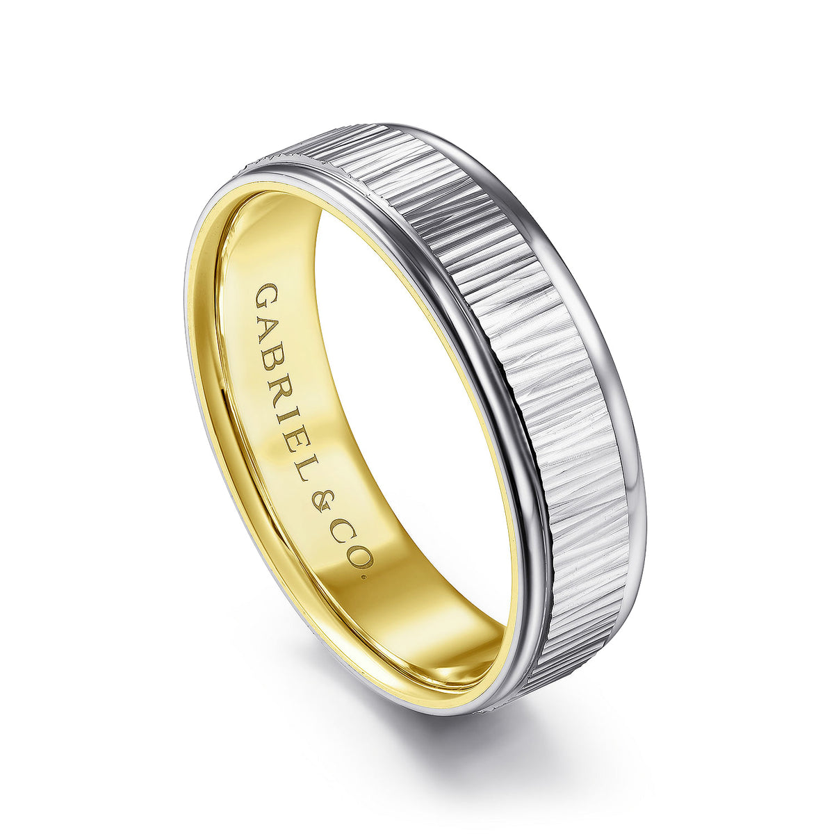 14K White-Yellow Gold 6mm - Men&#39;s Wedding Band with Vertical Etching