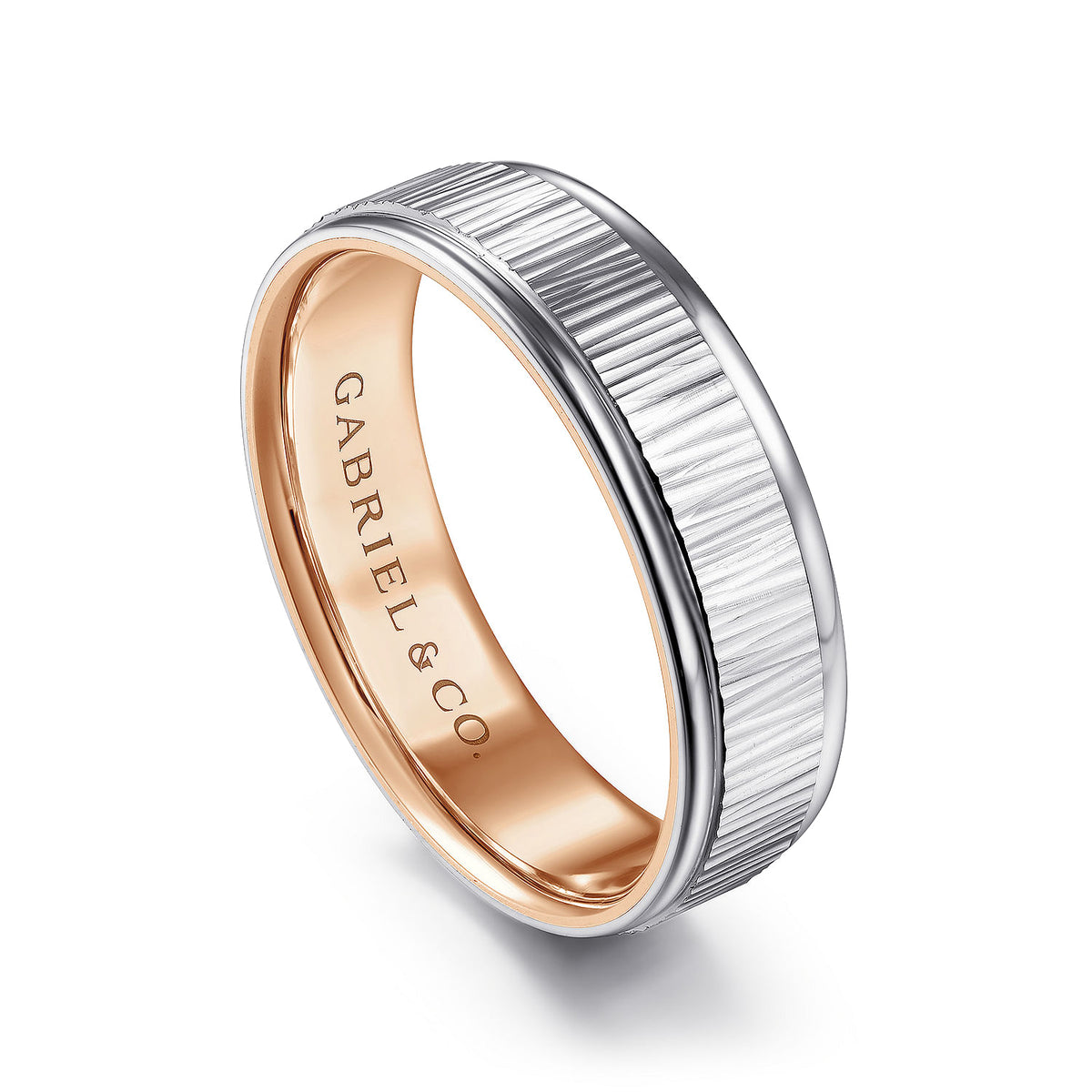 14K White-Rose Gold 6mm - Men&#39;s Wedding Band with Vertical Etching