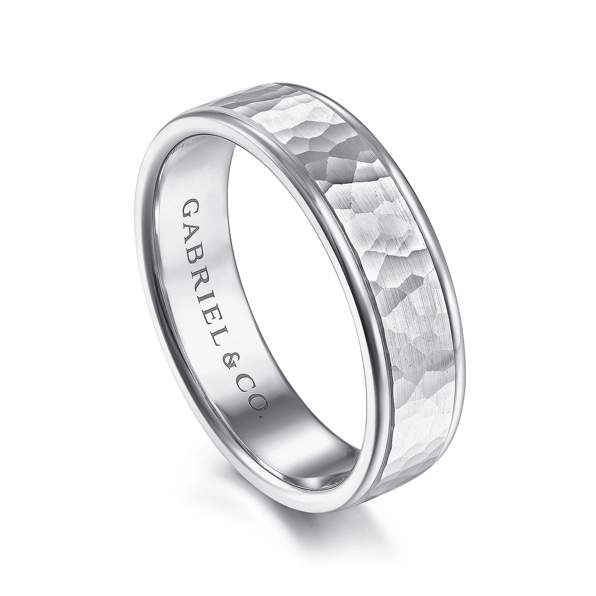 14K White Gold 6mm - Hammered Men&#39;s Wedding Band