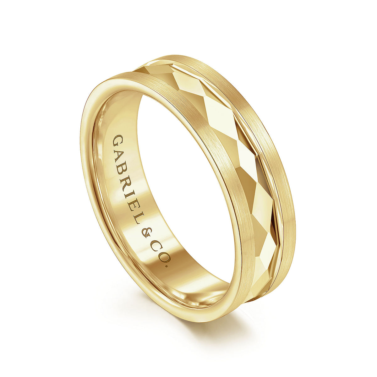 14K Yellow Gold 6mm - Diamond Cut Men&#39;s Wedding Band in Satin Finish