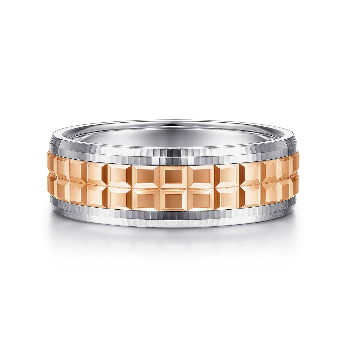 14K White-Rose Gold 7mm - Two Tone Square Inlay Men&#39;s Wedding Band