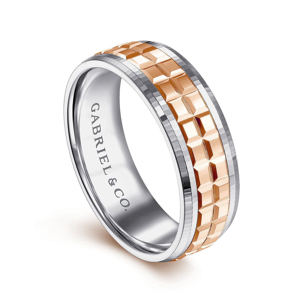 14K White-Rose Gold 7mm - Two Tone Square Inlay Men&#39;s Wedding Band