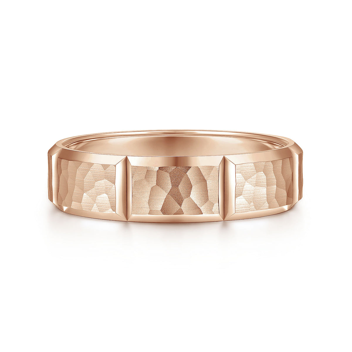 14K Rose Gold 6mm - Men&#39;s Wedding Band with Hammered Stations