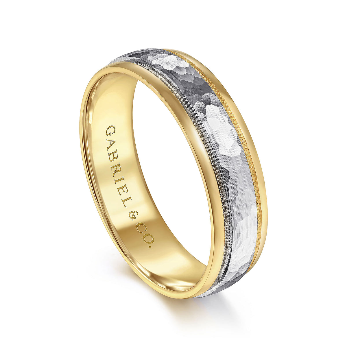 14K White-Yellow Gold 6mm - Two Tone Hammered Men&#39;s Wedding Band with Milgrain Edge