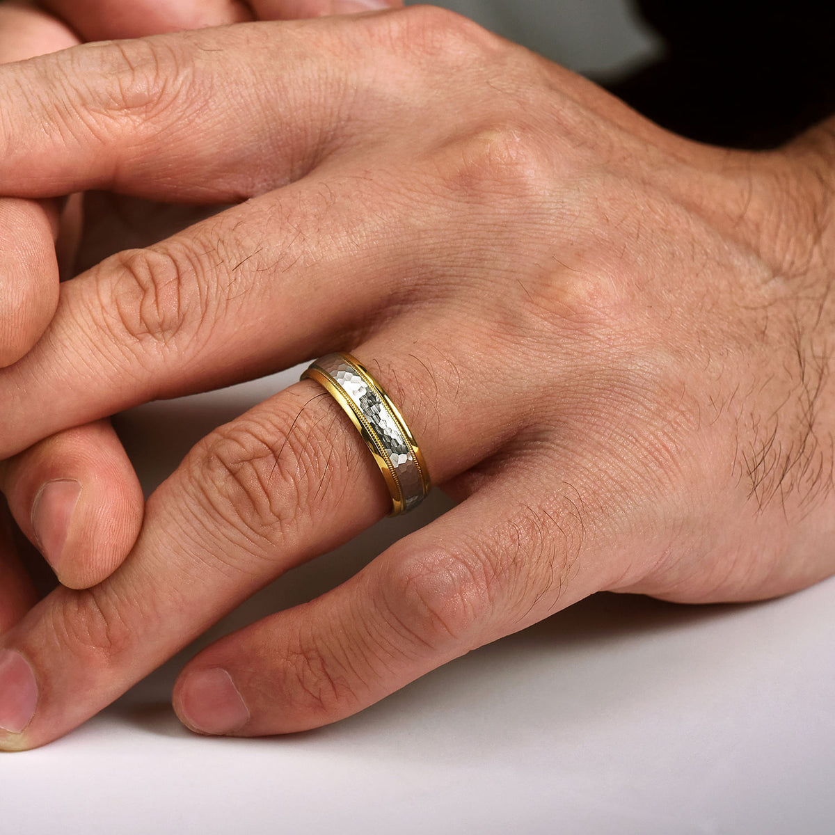 14K White-Yellow Gold 6mm - Two Tone Hammered Men&#39;s Wedding Band with Milgrain Edge