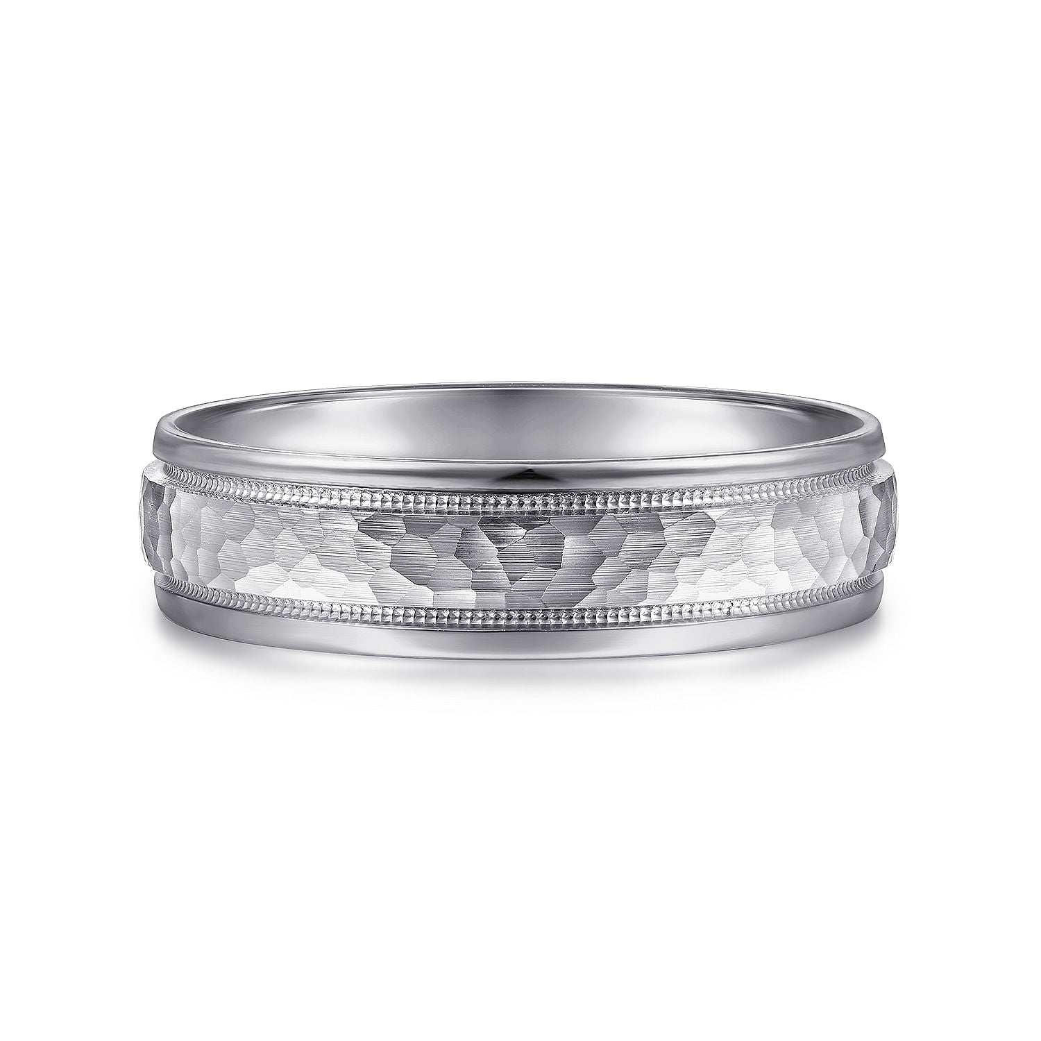 14K White Gold 6mm - Hammered Men's Wedding Band with Milgrain Edge