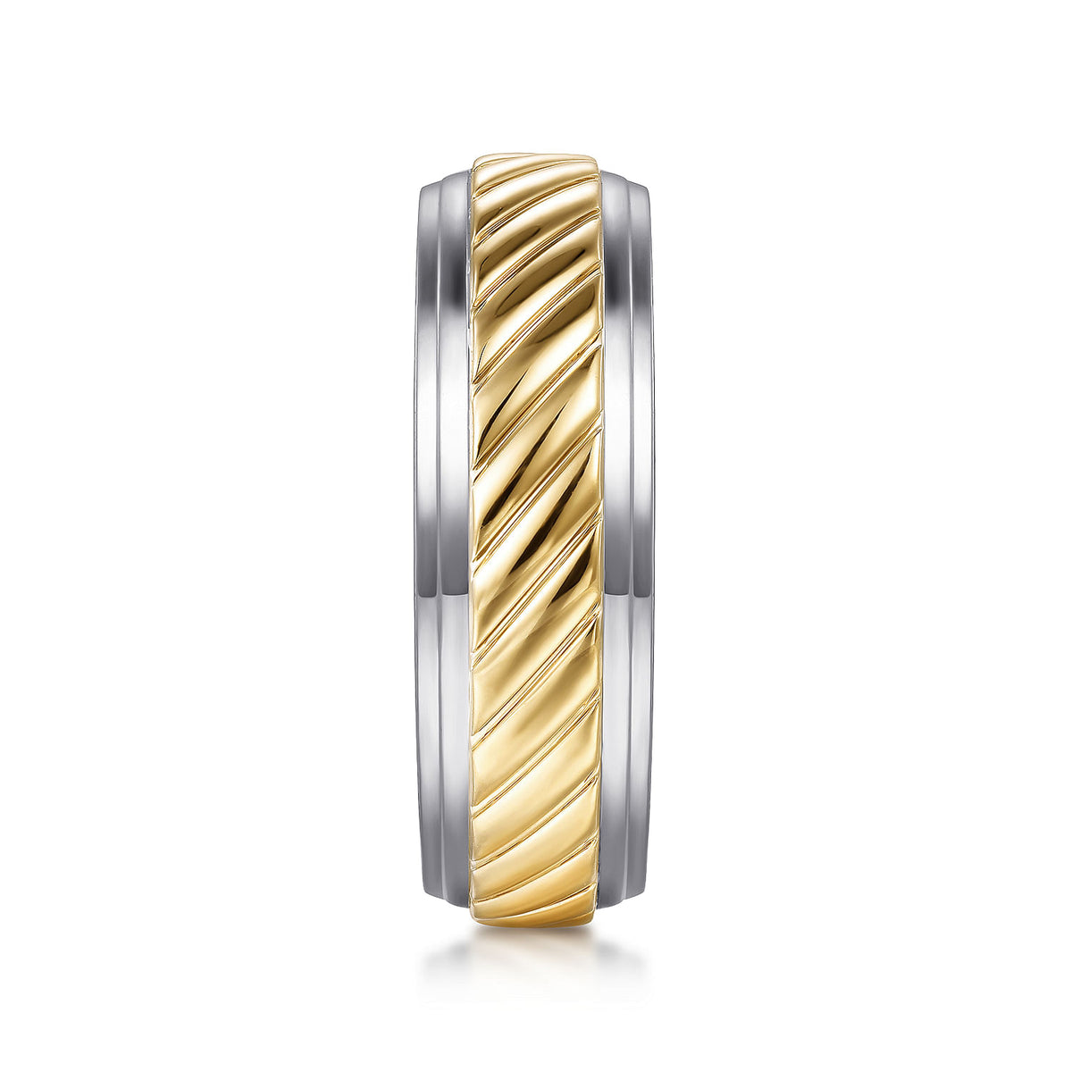 14K White-Yellow Gold 7mm - Rope Center and Polished Edge Men&#39;s Wedding Band in High Polished Finish