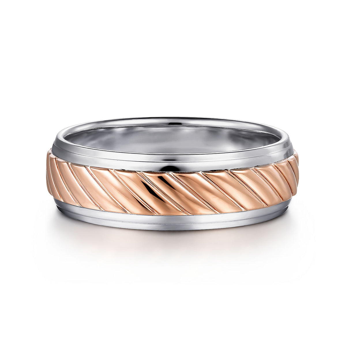 14K White-Rose Gold 7mm - Two Tone Carved Men&#39;s Wedding Band