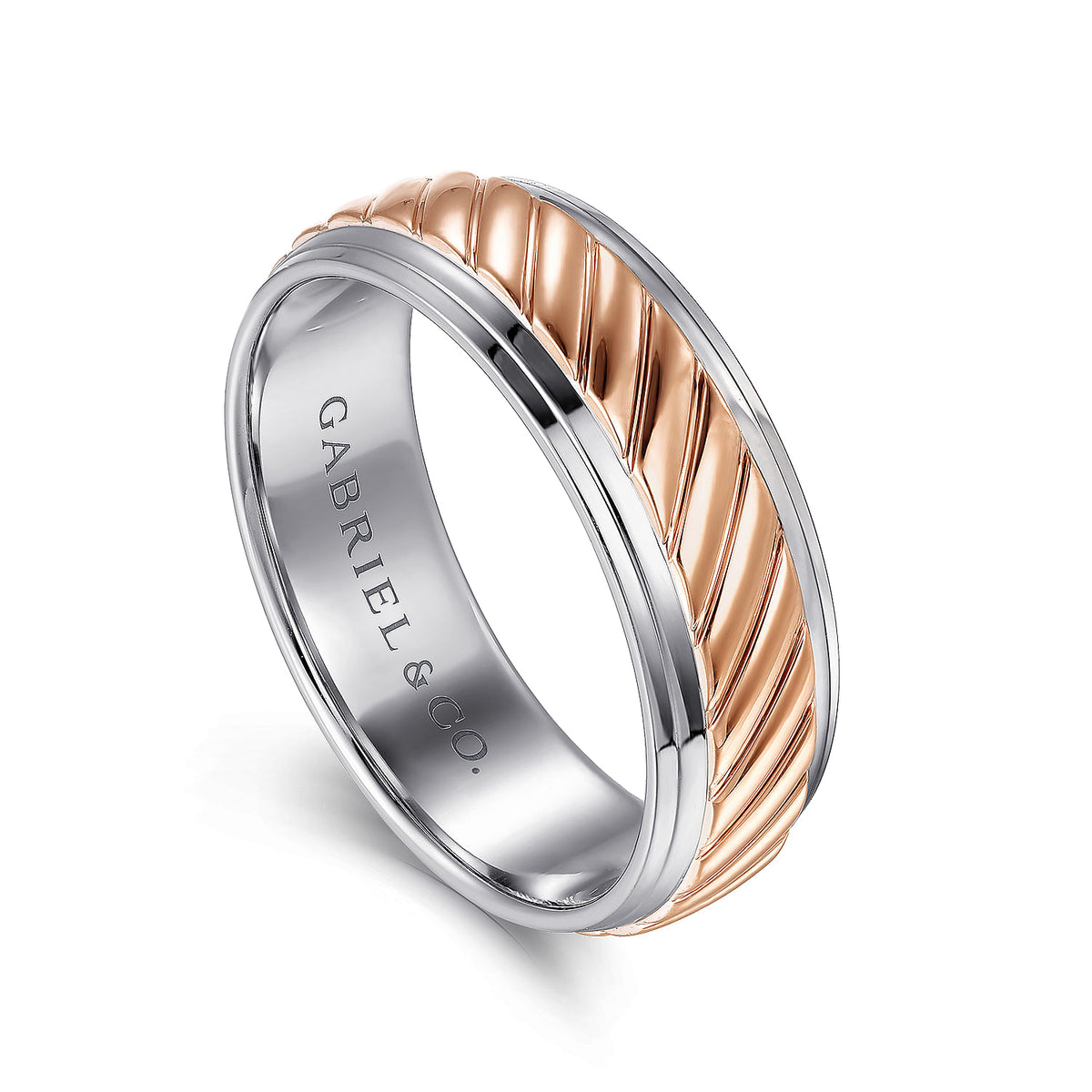 14K White-Rose Gold 7mm - Two Tone Carved Men&#39;s Wedding Band