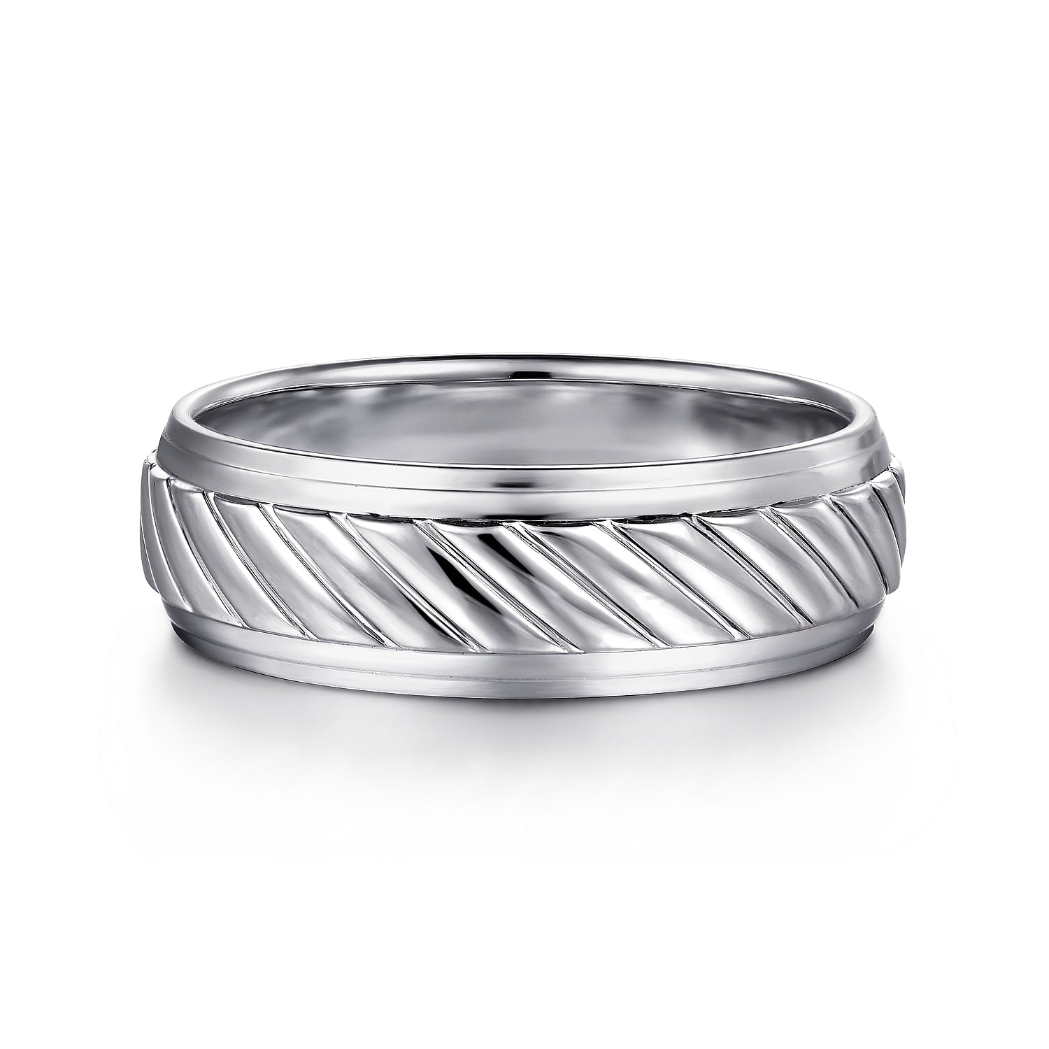 14K White Gold 7mm - Rope Center and Polished Edge Men's Wedding Band in High Polished Finish