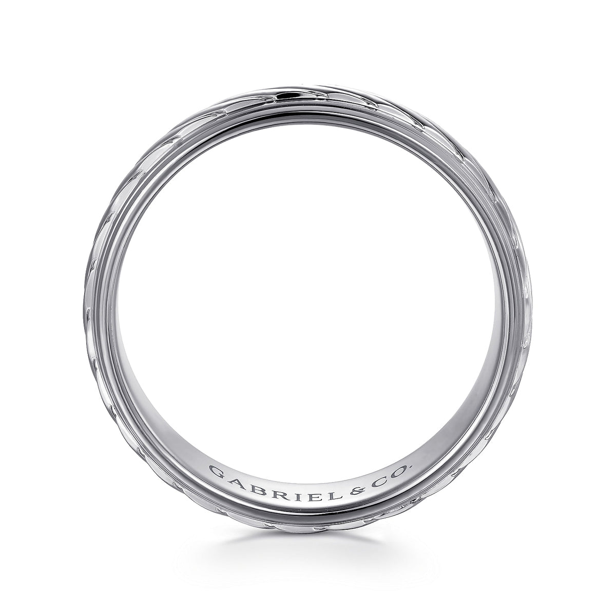14K White Gold 7mm - Rope Center and Polished Edge Men&#39;s Wedding Band in High Polished Finish