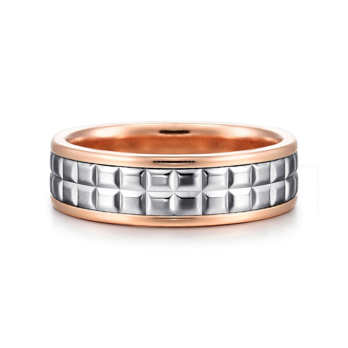14K White-Rose Gold 7mm - Square Inlay Men&#39;s Two Tone Wedding Band