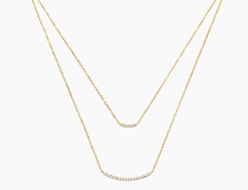 Two Strand 14K Yellow Gold Curved Diamond Bar Necklace