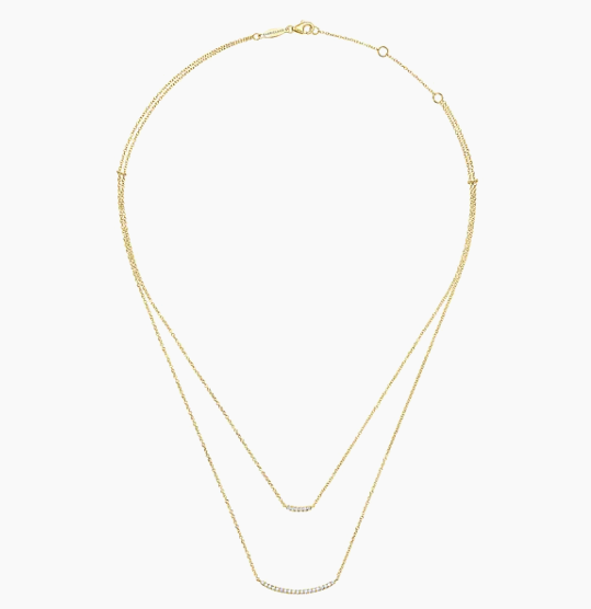 Two Strand 14K Yellow Gold Curved Diamond Bar Necklace