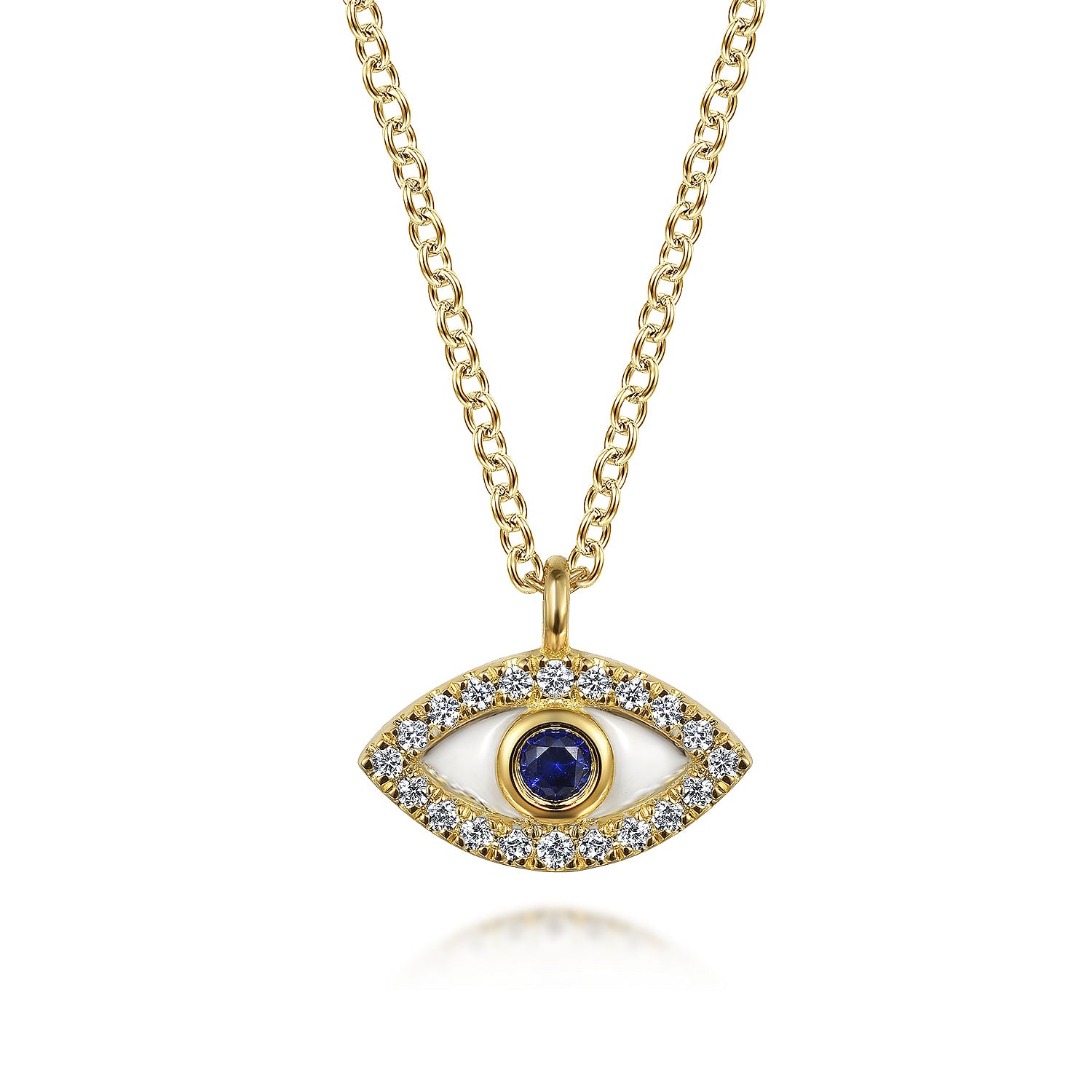 14K Yellow Gold Diamond and Sapphire Evil-Eye Pendant Necklace with White Enamel