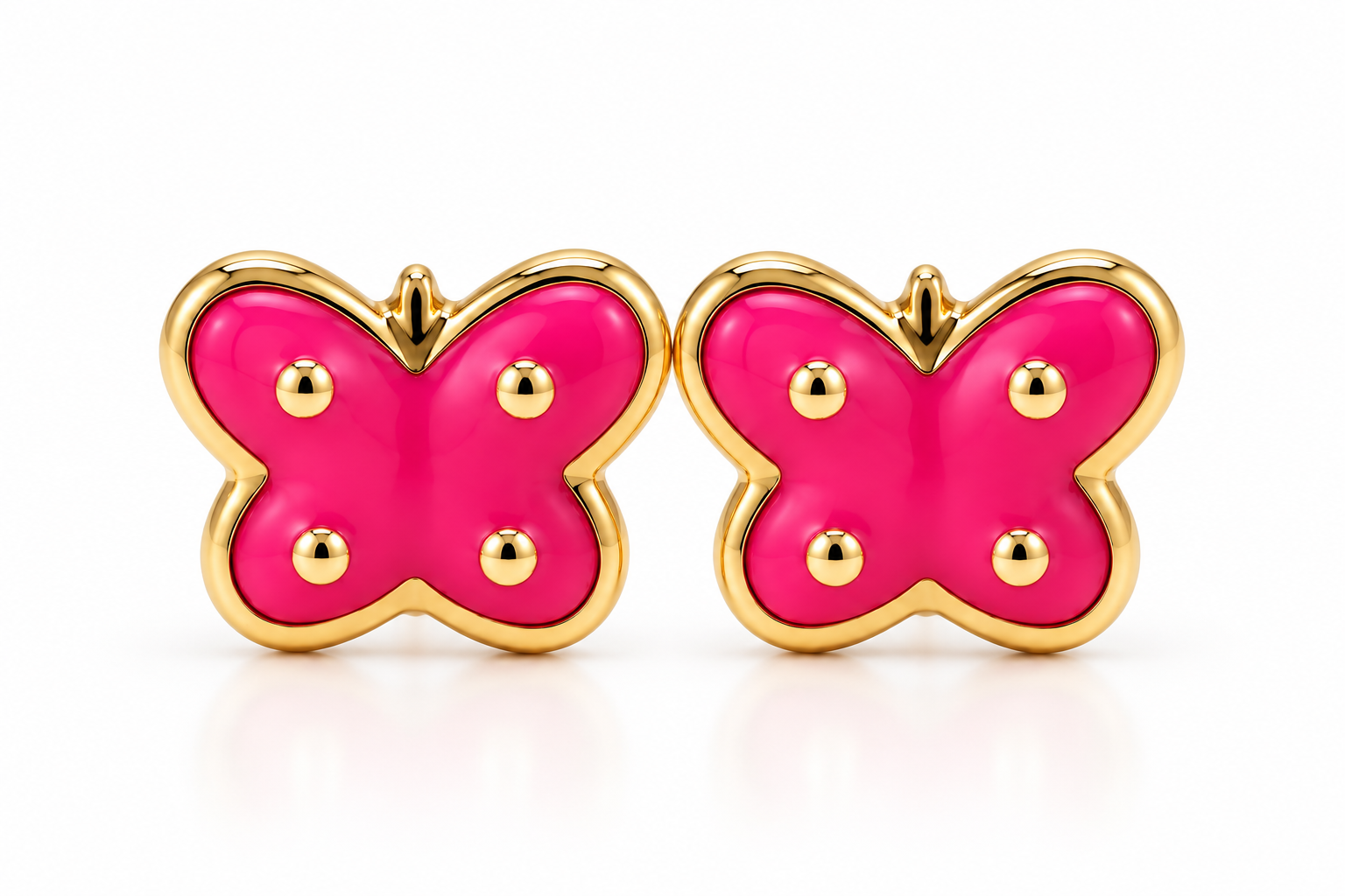 14K Yellow Gold Children Pink Enamel Butterfly Stud Earrings