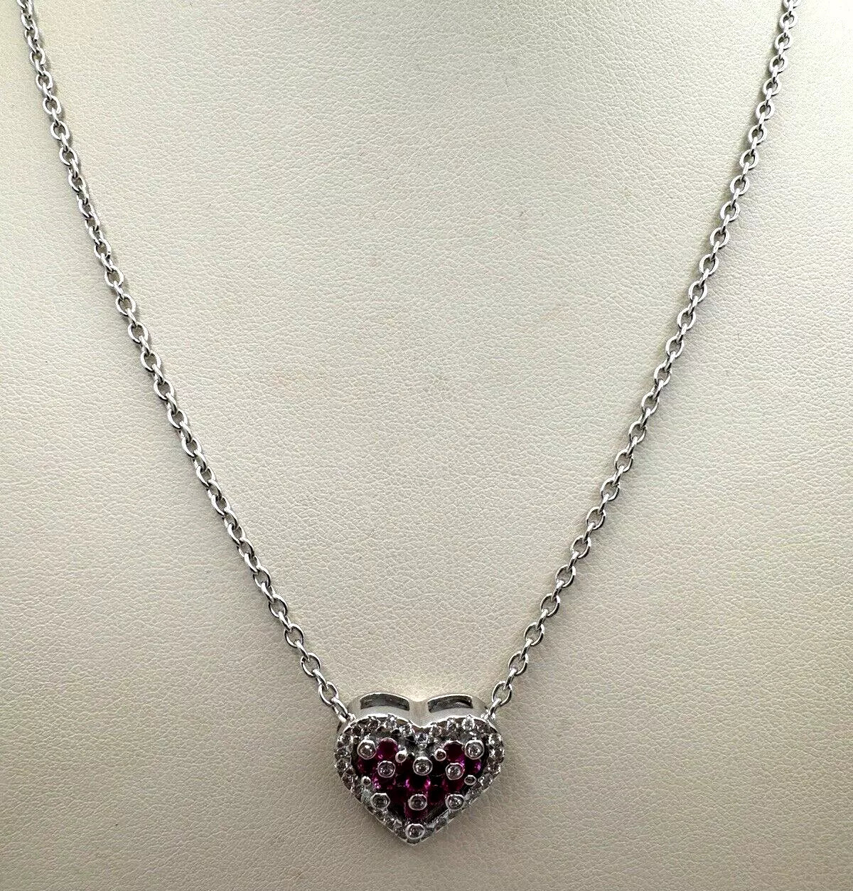 14k White Gold Diamond Heart Pendant With Rubies