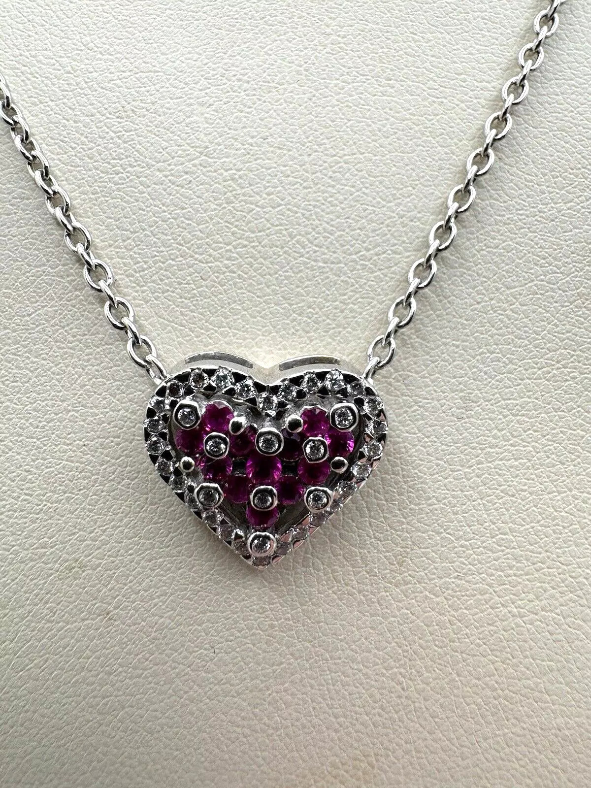 14k White Gold Diamond Heart Pendant With Rubies
