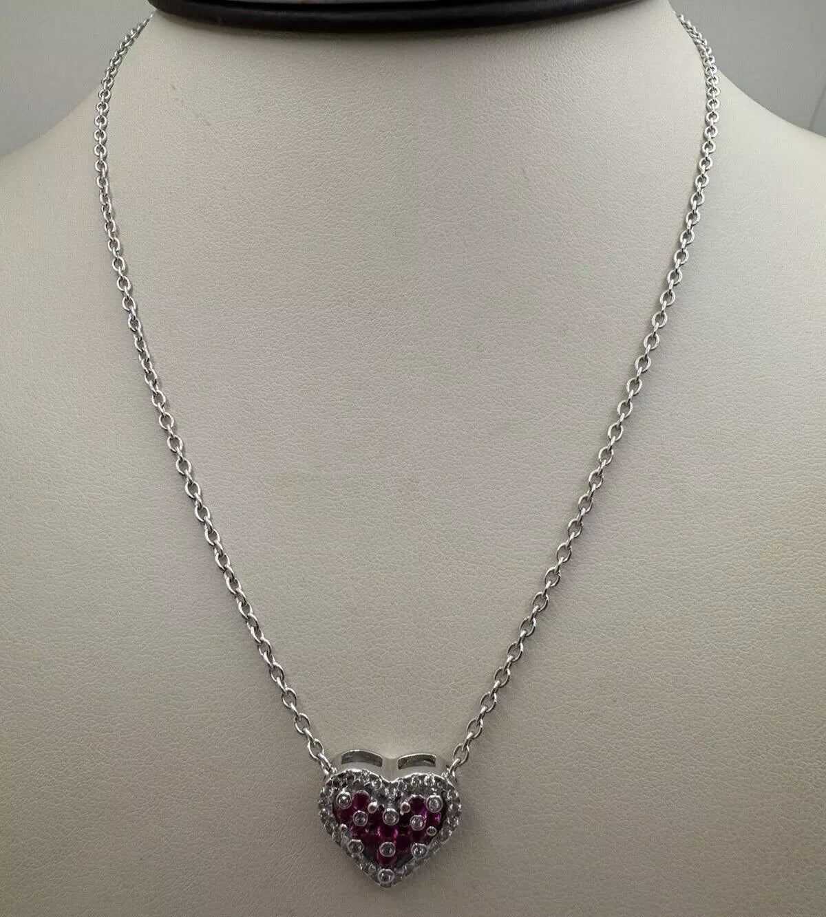 14k White Gold Diamond Heart Pendant With Rubies