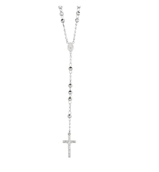 Silver Diamond Cut Large Bead Rosary Necklace