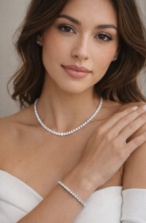 Sterling Silver 925 Lab Grown bundle Diamond Tennis Eternity Necklace and Bracelet