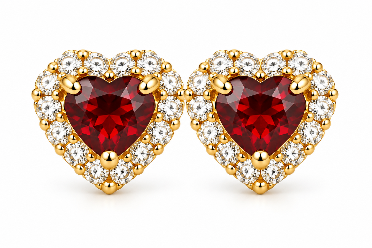 14K Yellow Gold Children Garnet Heart Halo Stud Earrings with CZ Accents