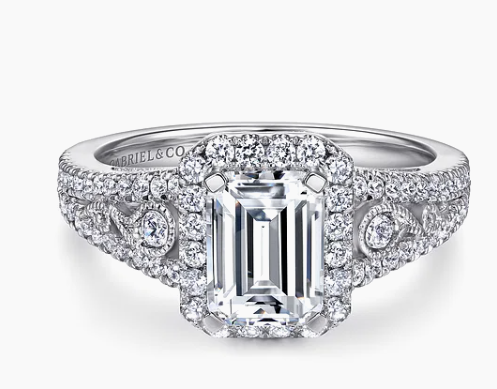 Marlena - Vintage Inspired 14K White Gold Emerald Halo Diamond Engagement Ring