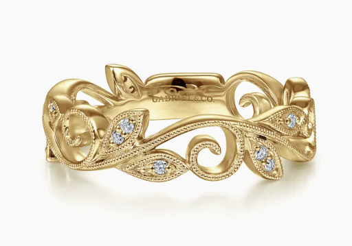 14K YELLOW Gold Scrolling Floral Diamond Ring