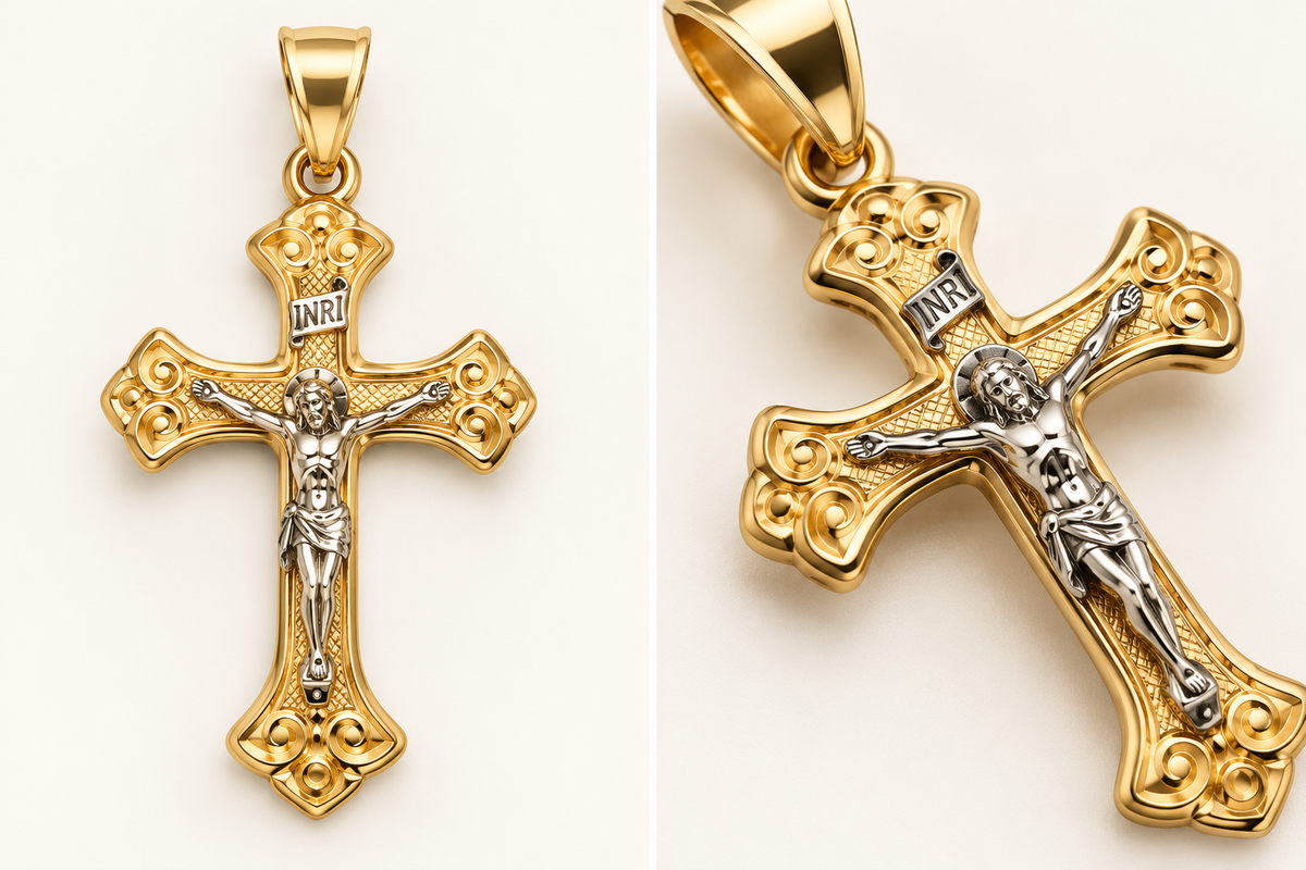 14K Gold Ornate Crucifix Pendant – Two-Tone Jesus Cross