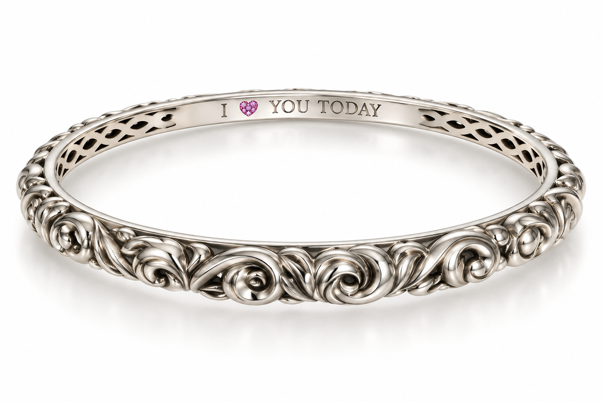 Charles Krypell Sterling Silver Ornate Scrollwork Bangle with Three Pink Sapphires – “I Love You Today”