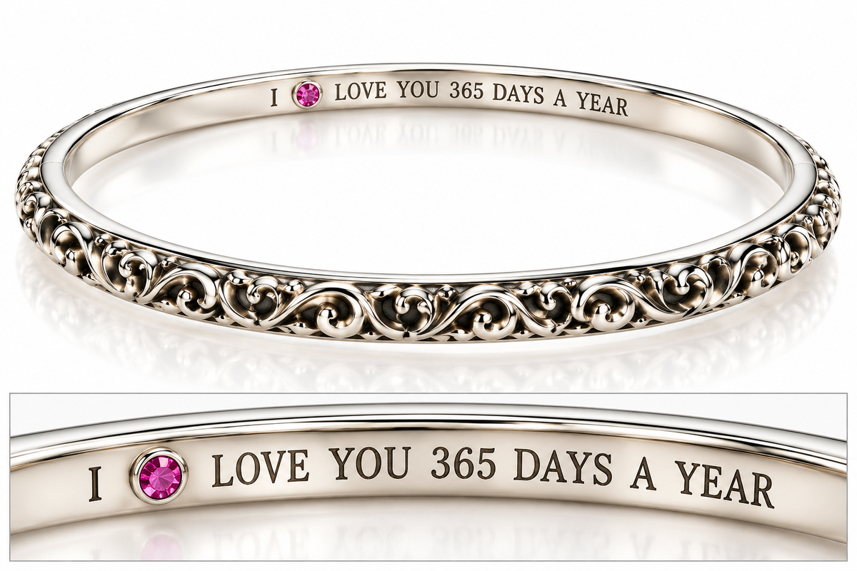 Charles Krypell Sterling Silver “I Love You 365 Days a Year” Engraved Bangle Bracelet with Pink Sapphire