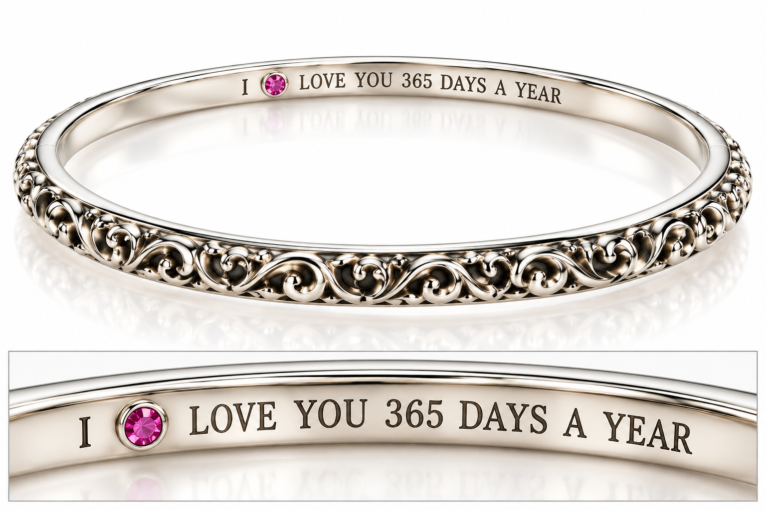 Charles Krypell Sterling Silver “I Love You 365 Days a Year” Engraved Bangle Bracelet with Pink Sapphire