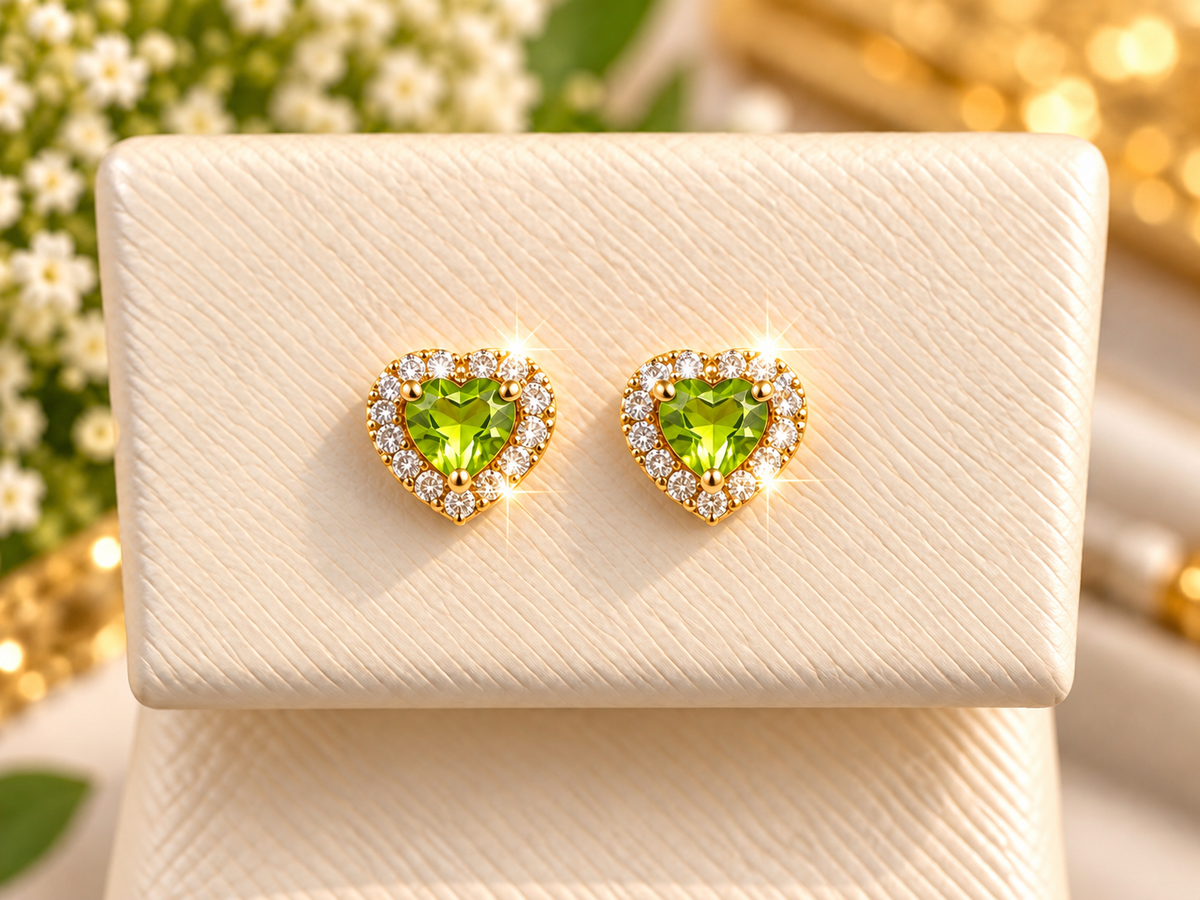 14K Yellow Gold Children Heart-Shaped Peridot &amp; Halo Stud Earrings