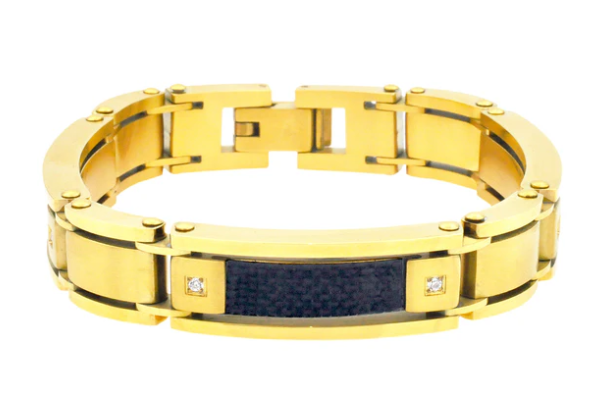 Men's Stainless Gold Plated Steel Bracelet W/ Carbon Fiber &amp; Cz's