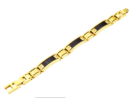 Men's Stainless Gold Plated Steel Bracelet W/ Carbon Fiber &amp; Cz's