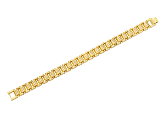 Men's Gold Stainless Steel Link Bracelet W/ Cz's