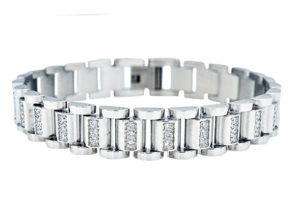 Men&#39;s Stainless Steel Link Bracelet W/ Cz&#39;s