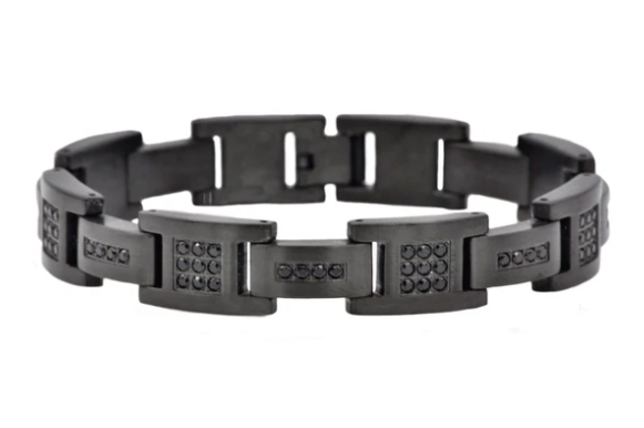 Men&#39;s Matte Black Stainless Steel Bracelet W/ Cz&#39;s