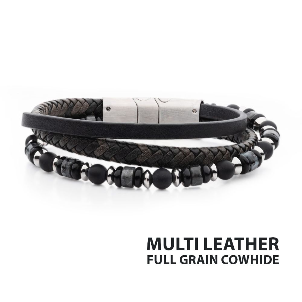 Black &amp; Grey Full Grain Cowhide Leather with Black Onyx &amp; White Howlite Stone Bead Multi-Strand Bracelet