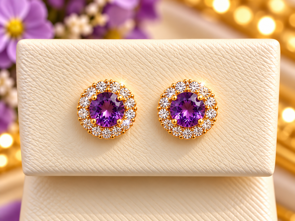 14K Yellow Gold Children Amethyst &amp; CZ Halo Stud Earrings