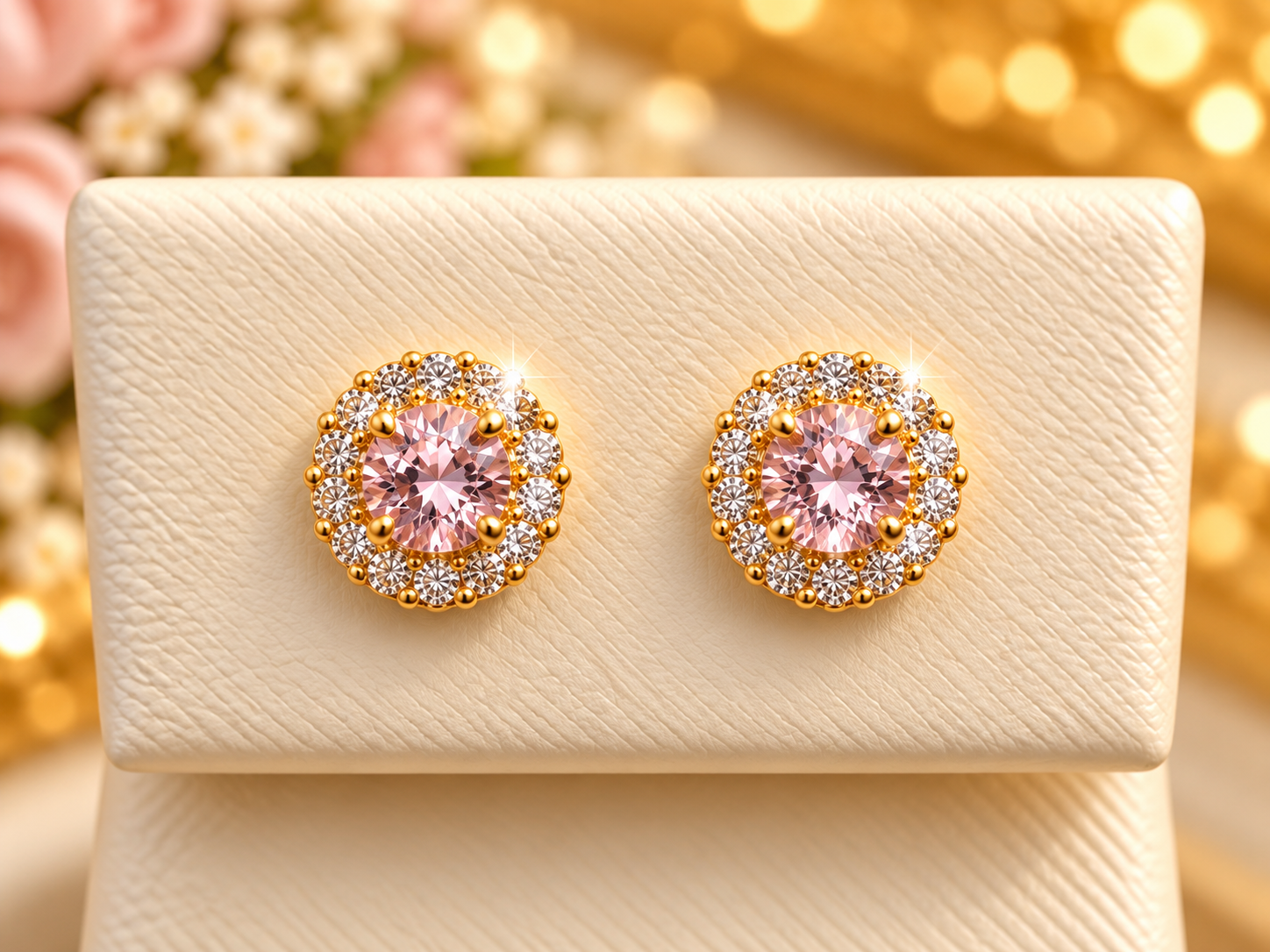 14K Yellow Gold Pink Children Halo Stud Earrings – Elegant Sparkling Gemstone Earrings