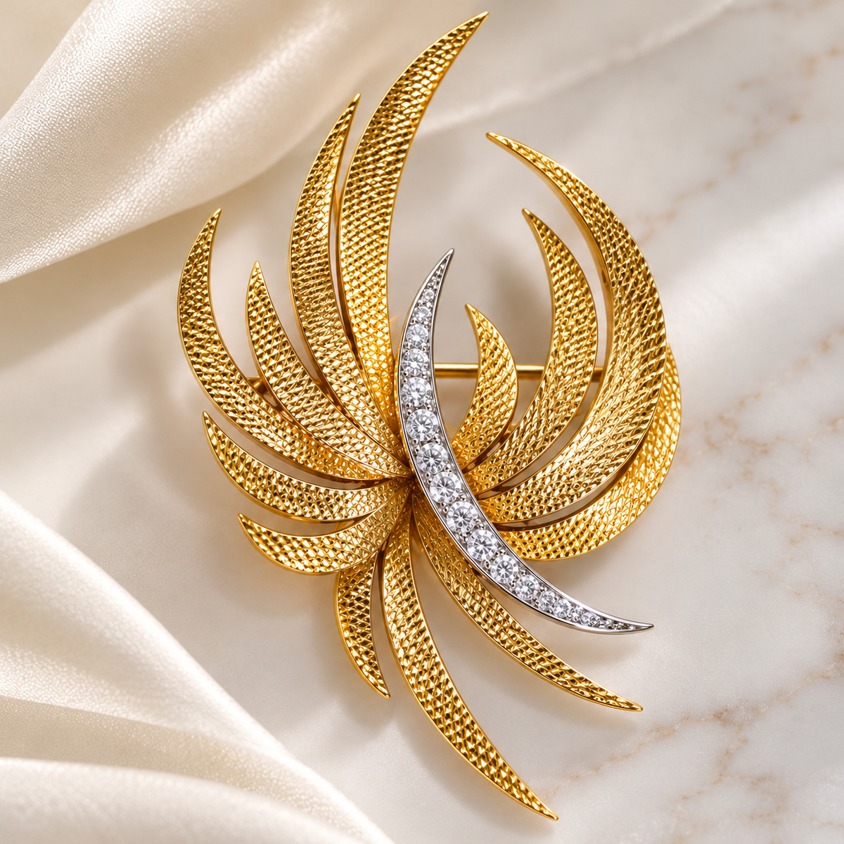 18K Yellow Gold Textured Flame Brooch with Diamonds