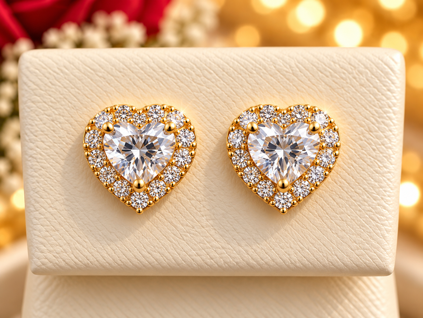 14K Yellow Gold Children Heart-Shaped Halo Stud Earrings with CZ Accents