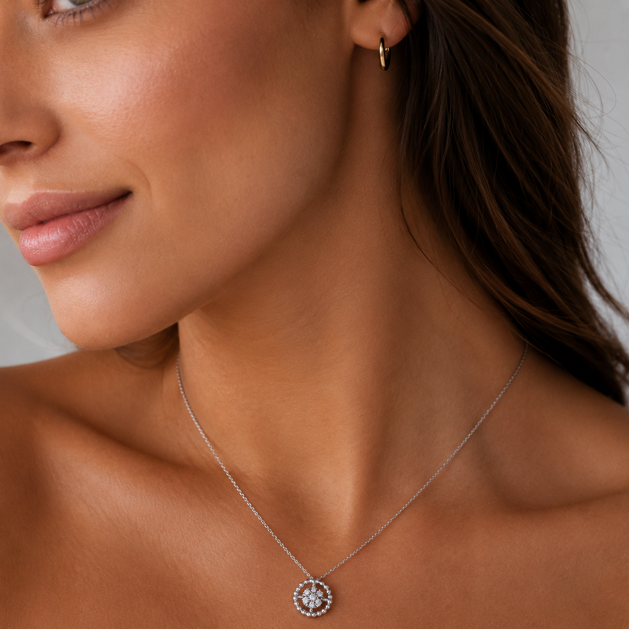 14K White Gold Beaded Round Floating Diamond Pendant Necklace