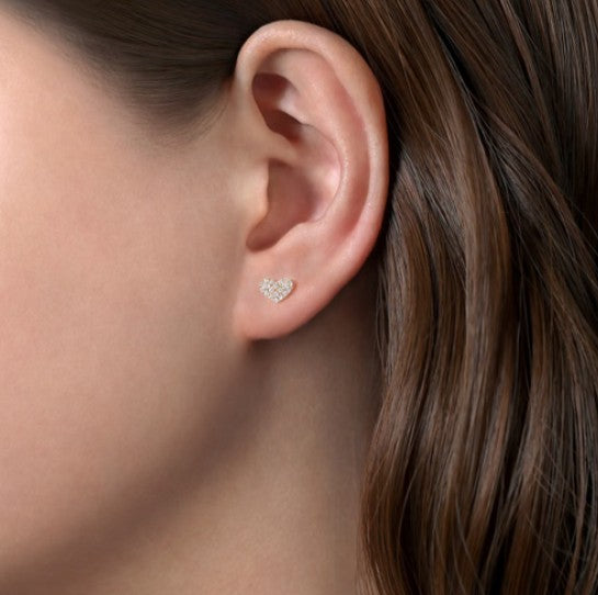 14Kt Yellow Gold Heart Shaped Pave Diamond Stud Earrings