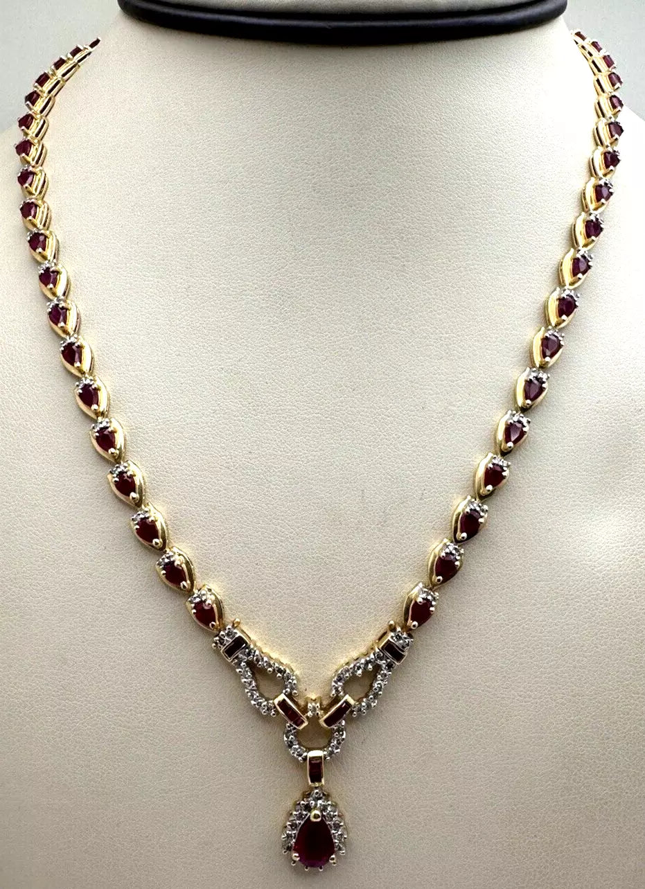 Vintage Estate 14k Yellow Gold Precious Ruby Diamond Toggle Necklace 1.15 ctw