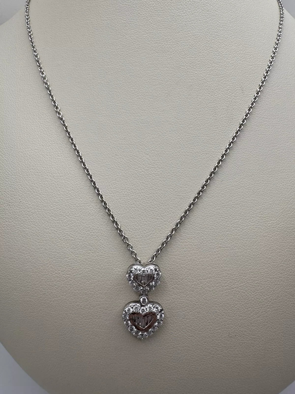 18k White Gold Necklace Diamond Double Heart Pendant 1.60ct